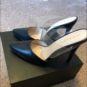 Fashion nova black faux leather heels/clear strap